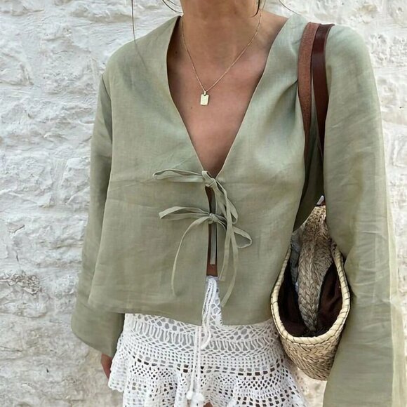 Army Green Casual Women's Vacation Tie Front Flare Sleeve Blouse Shirt - Picture 1 of 7